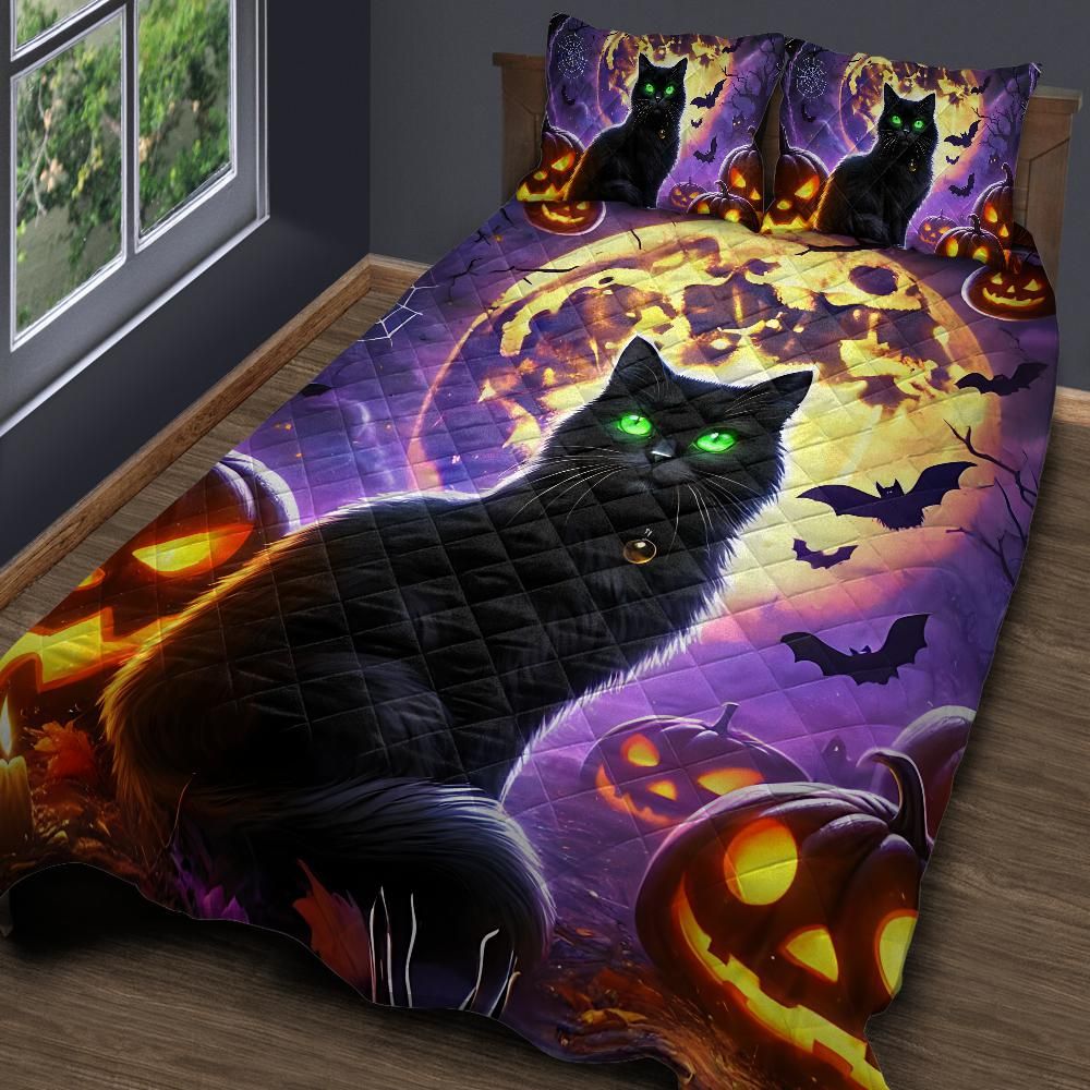Personalized  Halloween Black Cat Witchy Quilt Bedding Set 3-Pc
