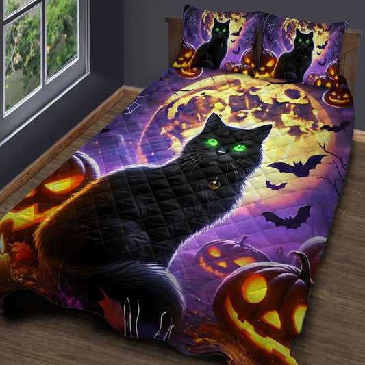 Personalized  Halloween Black Cat Witchy Quilt Bedding Set 3-Pc
