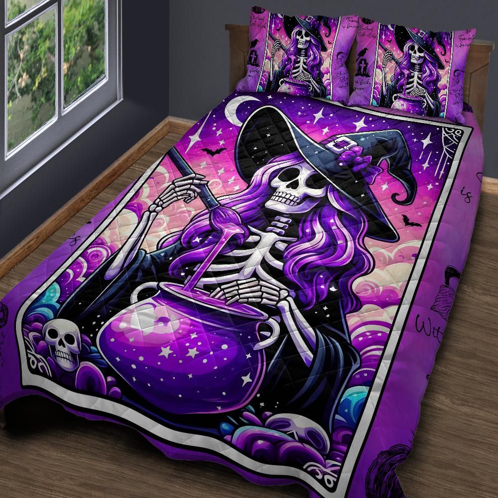 Personalized  Purple Tarot Skelaton Witch Quilt Bedding Set 3-Pc for Halloween Decor