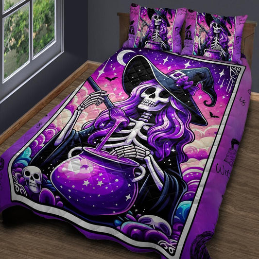Personalized  Purple Tarot Skelaton Witch Quilt Bedding Set 3-Pc for Halloween Decor