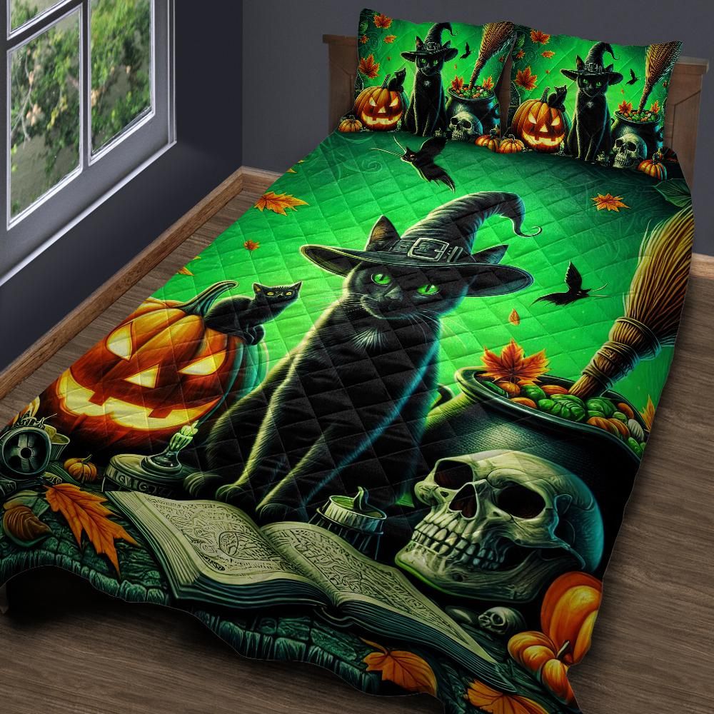 Personalized  Witchy Black Cat Gothic Halloween Quilt Bedding Set 3-Pc