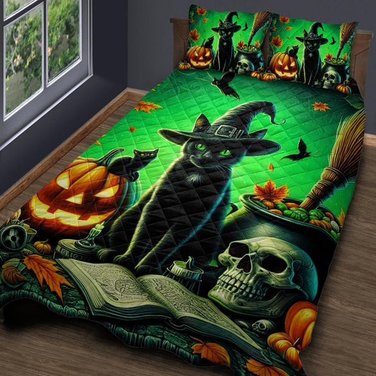Personalized  Witchy Black Cat Gothic Halloween Quilt Bedding Set 3-Pc