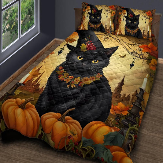 Personalized  Witchy Black Cat Quilt Bedding Set 3-Pc for Spooky Halloween Home Decor