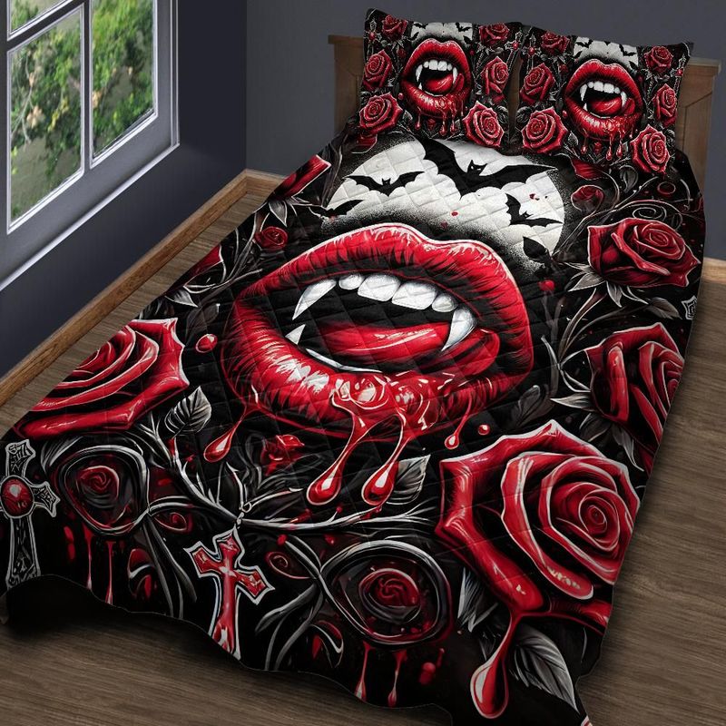 Personalized  Roses and Gothic Bat Halloween Quilt Bedding Set 3-Pc