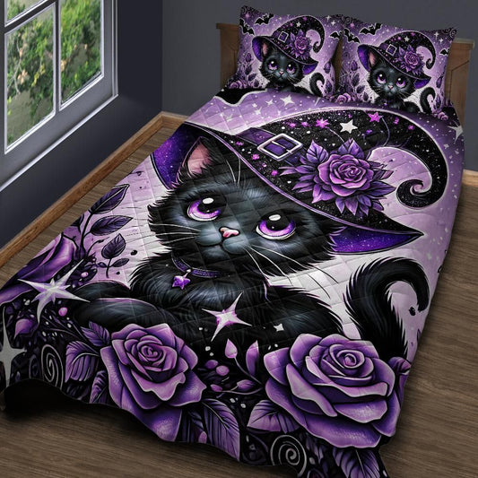 Personalized  Cute Kitten Black Cat Witchy Quilt Bedding Set 3-Pc for Halloween