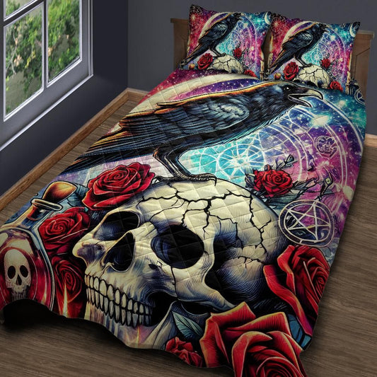 Personalized  Gothic Skull Raven Quilt Bedding Set 3-Pc for Halloween Witch Decor