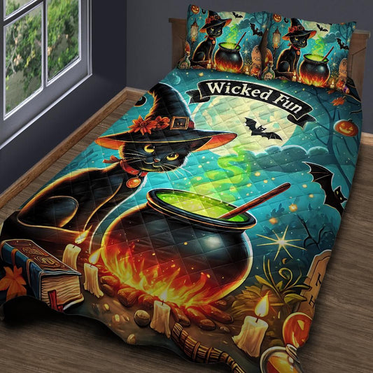 Personalized  Witchy Cauldron Black Cat Quilt Bedding Set 3-Pc for Halloween