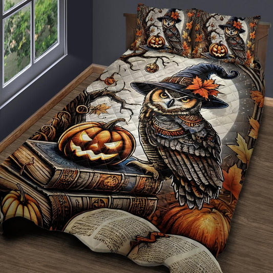 Personalized  Pumpkin and Witchy Owl Halloween Quilt Bedding Set 3-Pc