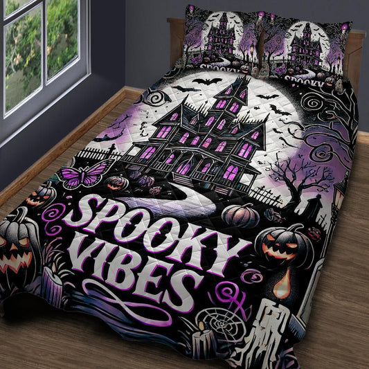 Personalized  Gothic Haunted House Spooky Quilt Bedding Set 3-Pc for Halloween