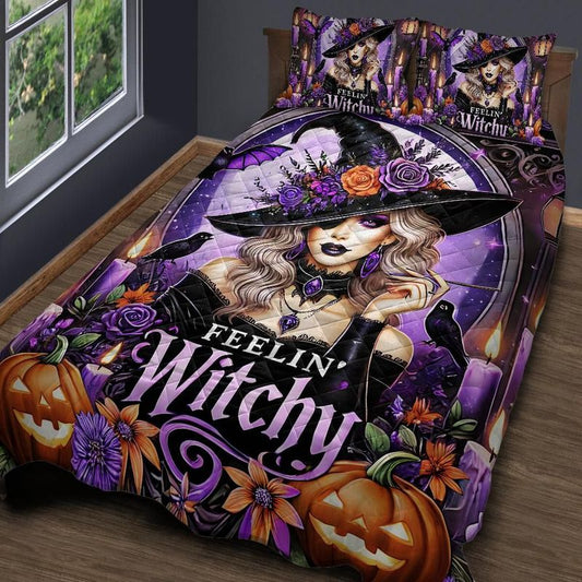 Personalized  Halloween Witch Feeling Witchy Quilt Bedding Set 3-Pc