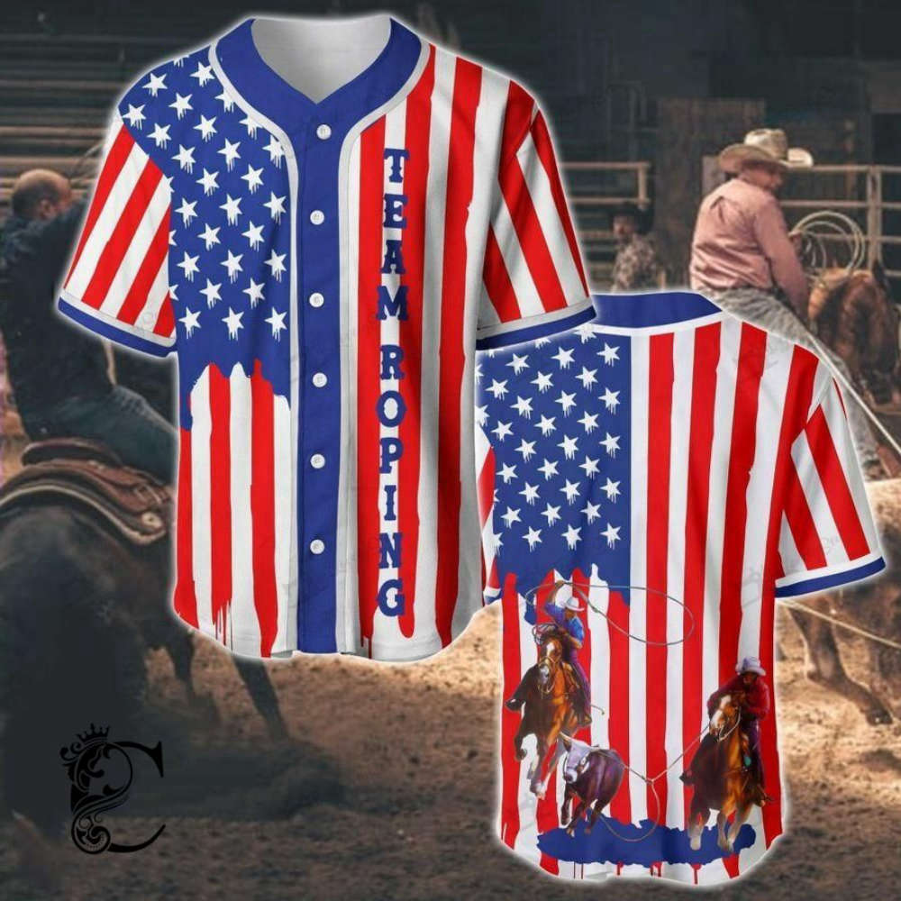 Show Your Patriotism with Team Roping US Flag Stripes Baseball Jersey - Aopprinter