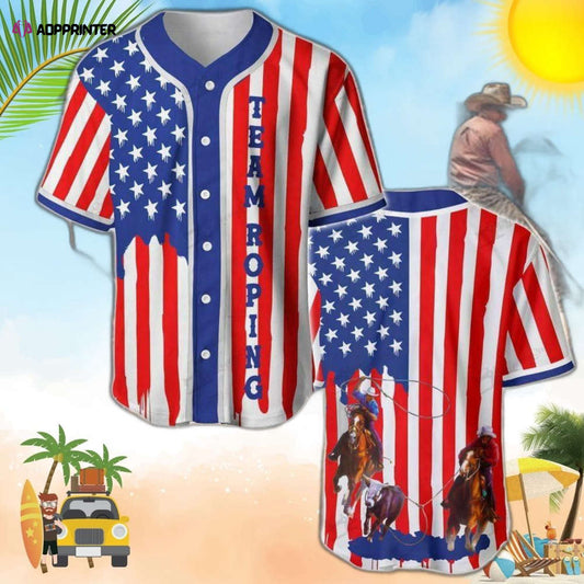 Show Your Patriotism with Team Roping US Flag Stripes Baseball Jersey - Aopprinter