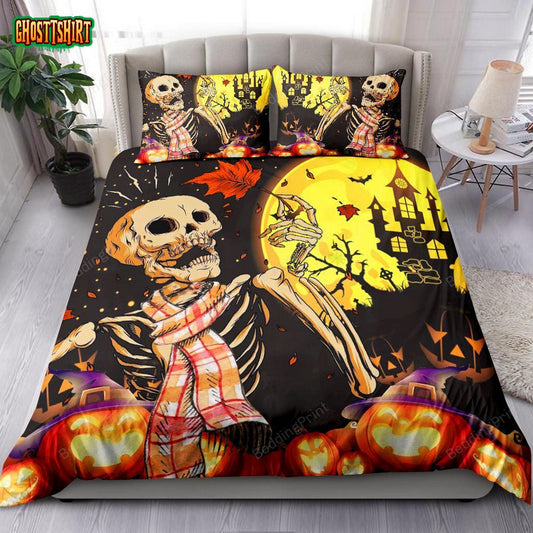 Skeleton And Pumpkin Halloween Bed Sheets Duvet Cover Bedding Set