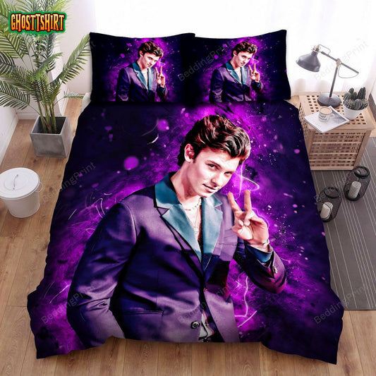 Smiling Shawn Mendes In Purple Suit Bed Sheets Spread Duvet Cover Bedding Set