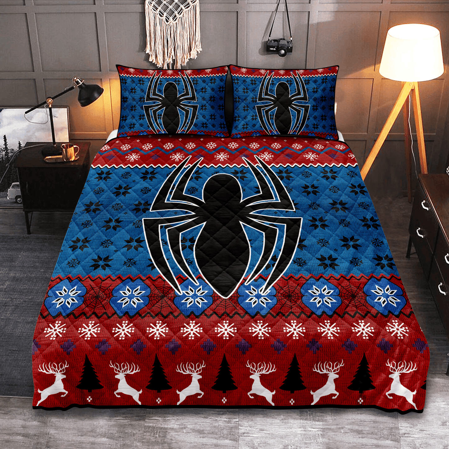 Personalized Spider Man Blue Christmas 3-pc Quilt Bedding Set for Kids Spider