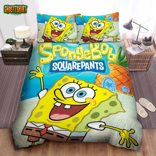 Spongebob Squarepants, Spongebob Laughing Outside House Bed Sheets Duvet Cover Bedding Set