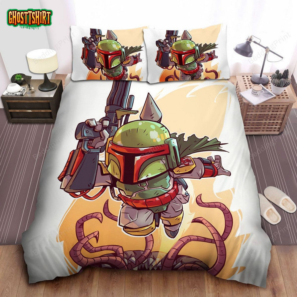 Star Wars Boba Fett Fighting Against Sarlacc In Chibi Art Bed Sheets Duvet Cover Bedding Set