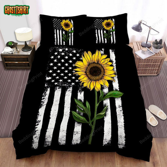 Sunflower American Flag Bed Sheets Duvet Cover Bedding Set
