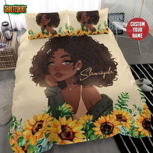 Sunflower Black Girl Personalized Custom Name Duvet Cover Bedding Set