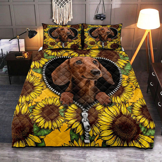 Personalized Sunflower Dachshund Zipper 3-pc Quilt Bedding Set for Comfortable Sleep
