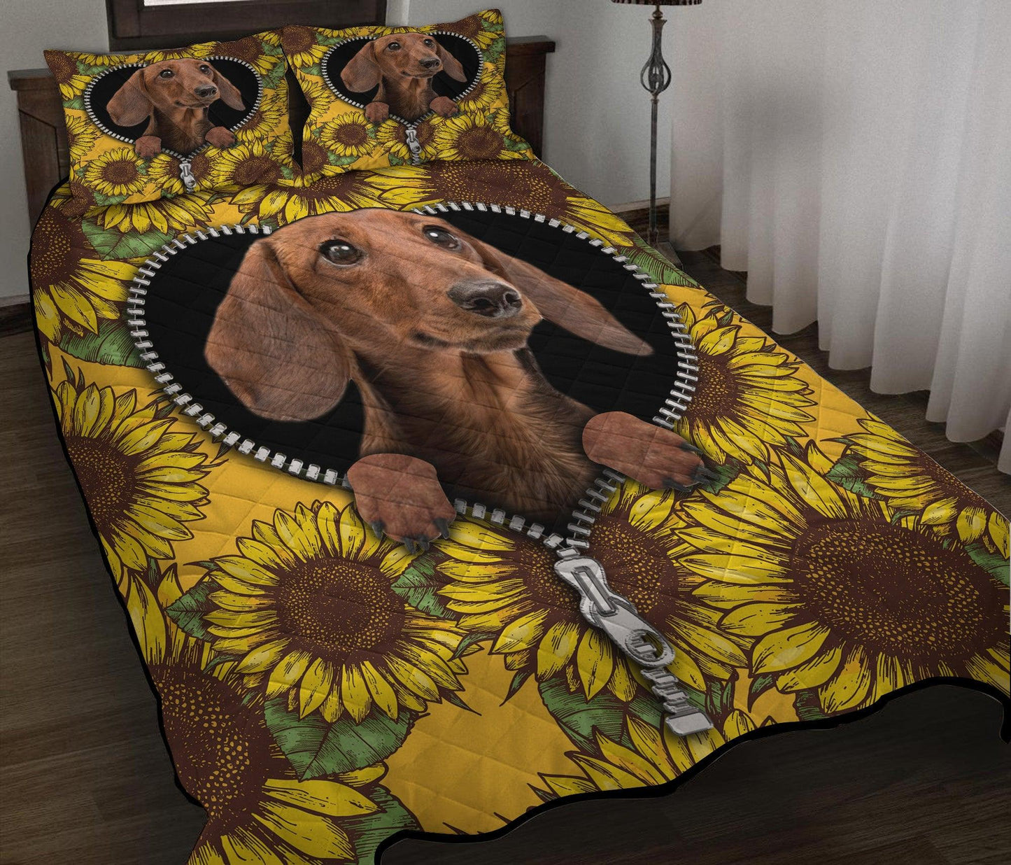 Personalized Sunflower Dachshund Zipper 3-pc Quilt Bedding Set for Comfortable Sleep