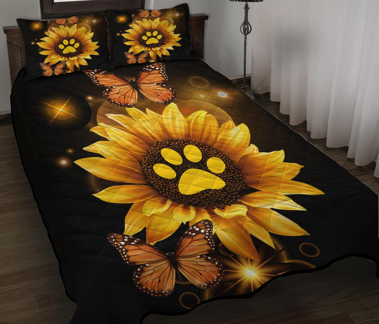Personalized Sunflower Butterfly Dog Bed 3-Piece Quilt Bedding Set for Pets Sunflower