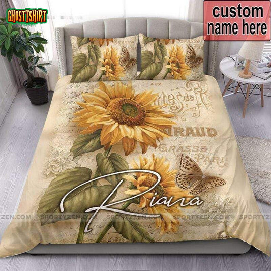 Sunflower Butterfly Vintage Bedding Personalized Custom Name Duvet Cover Bedding Set