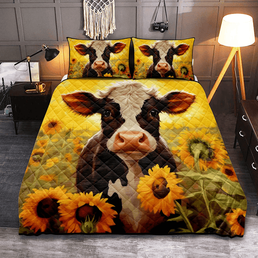 Personalized Sunflower Cow Bedding Set for Cozy Bedding 3-pc Quilt Bedding Set