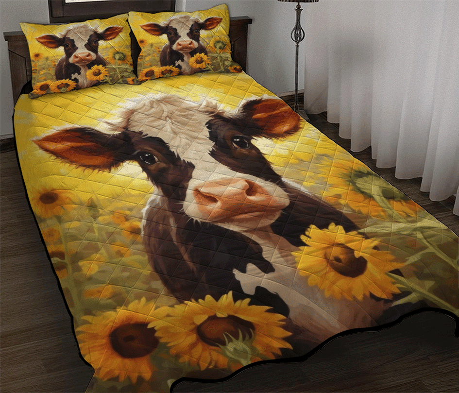 Personalized Sunflower Cow Bedding Set for Cozy Bedding 3-pc Quilt Bedding Set