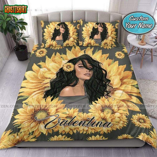 Sunflower Long Hair Black Woman Personalized Custom Name Duvet Cover Bedding Set