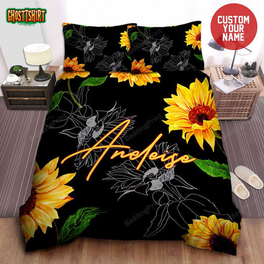 Sunflower On Black Background Personalized Custom Name Duvet Cover Bedding Set