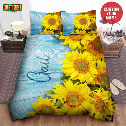 Sunflower On Blue Wood Personalized Custom Name Duvet Cover Bedding Set