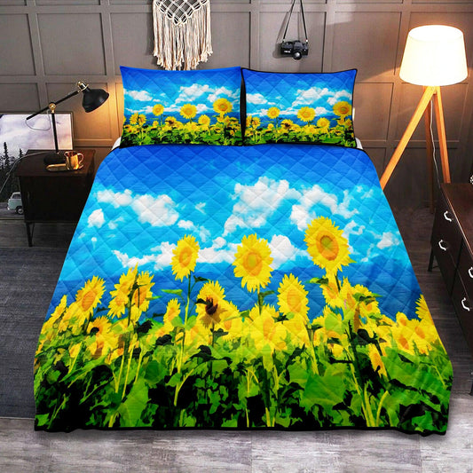Personalized Sunflower Floral Bedding Set, Cozy 3-pc Quilt Bedding Set for Bedroom