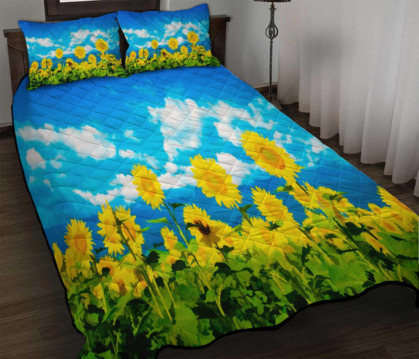 Personalized Sunflower Floral Bedding Set, Cozy 3-pc Quilt Bedding Set for Bedroom