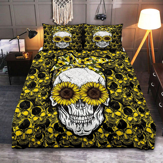 Personalized Skull Sunflower Bed 3-Piece Quilt Bedding Sets for Unique Bedroom Decor