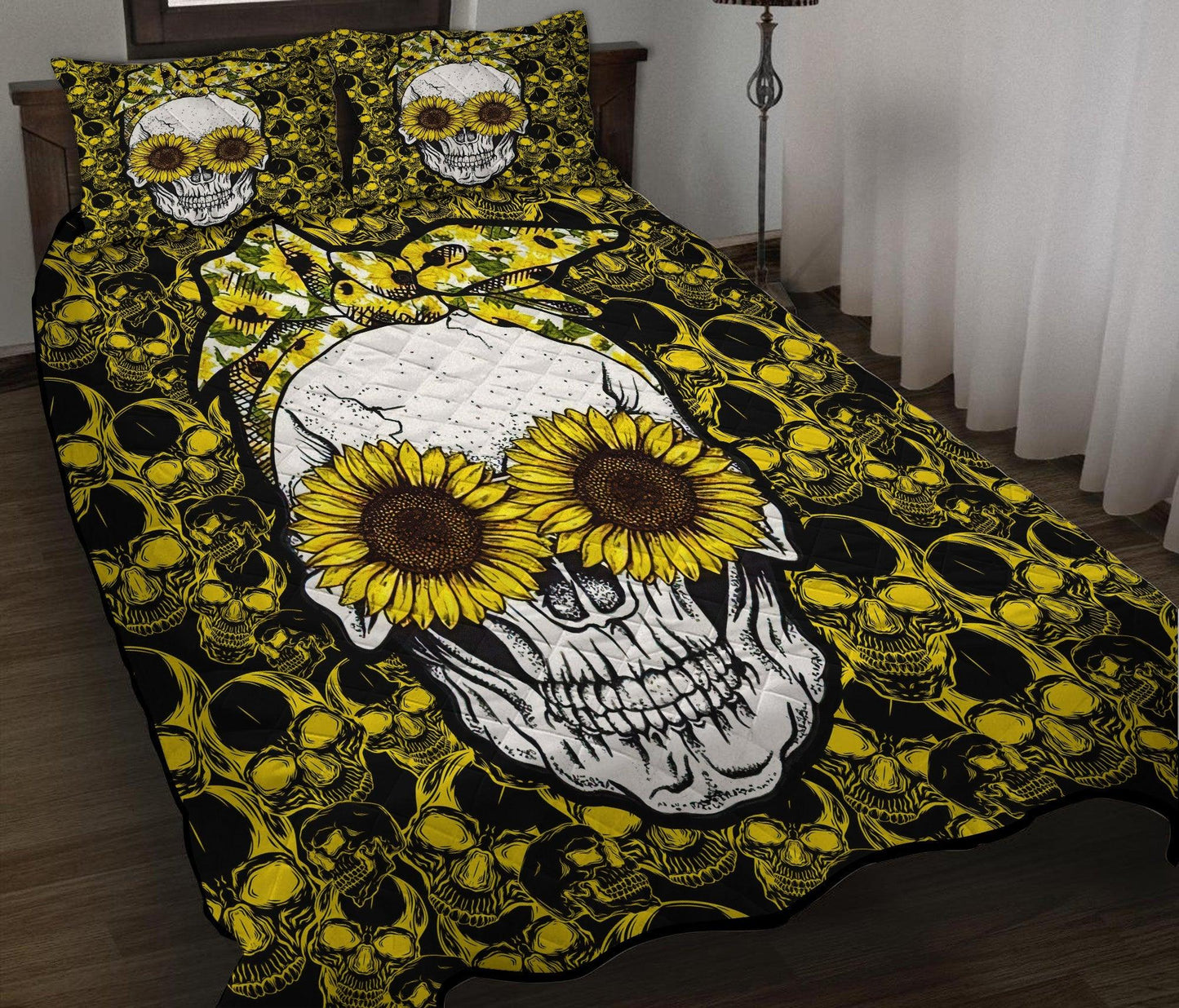 Personalized Skull Sunflower Bed 3-Piece Quilt Bedding Sets for Unique Bedroom Decor