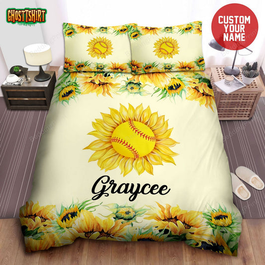 Sunflower Softball Personalized Custom Name Duvet Cover Bedding Set