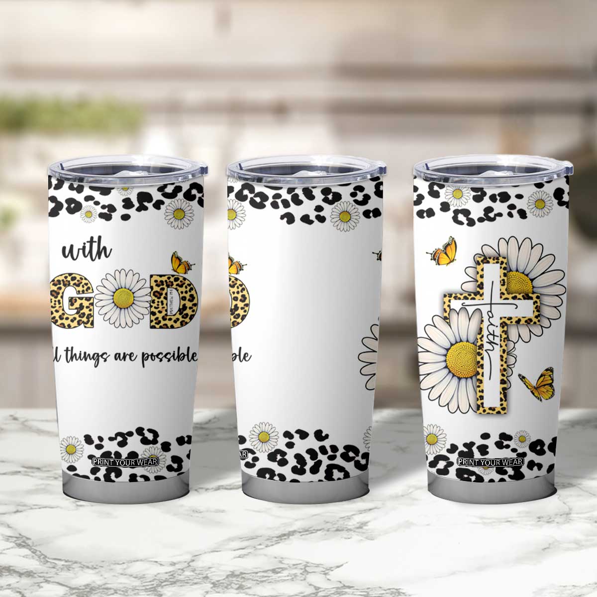 Christian Faith Daisy Leopard Tumbler Cup With God All Things Are Possible Inspirational Bible Verse Religious Gifts TB02