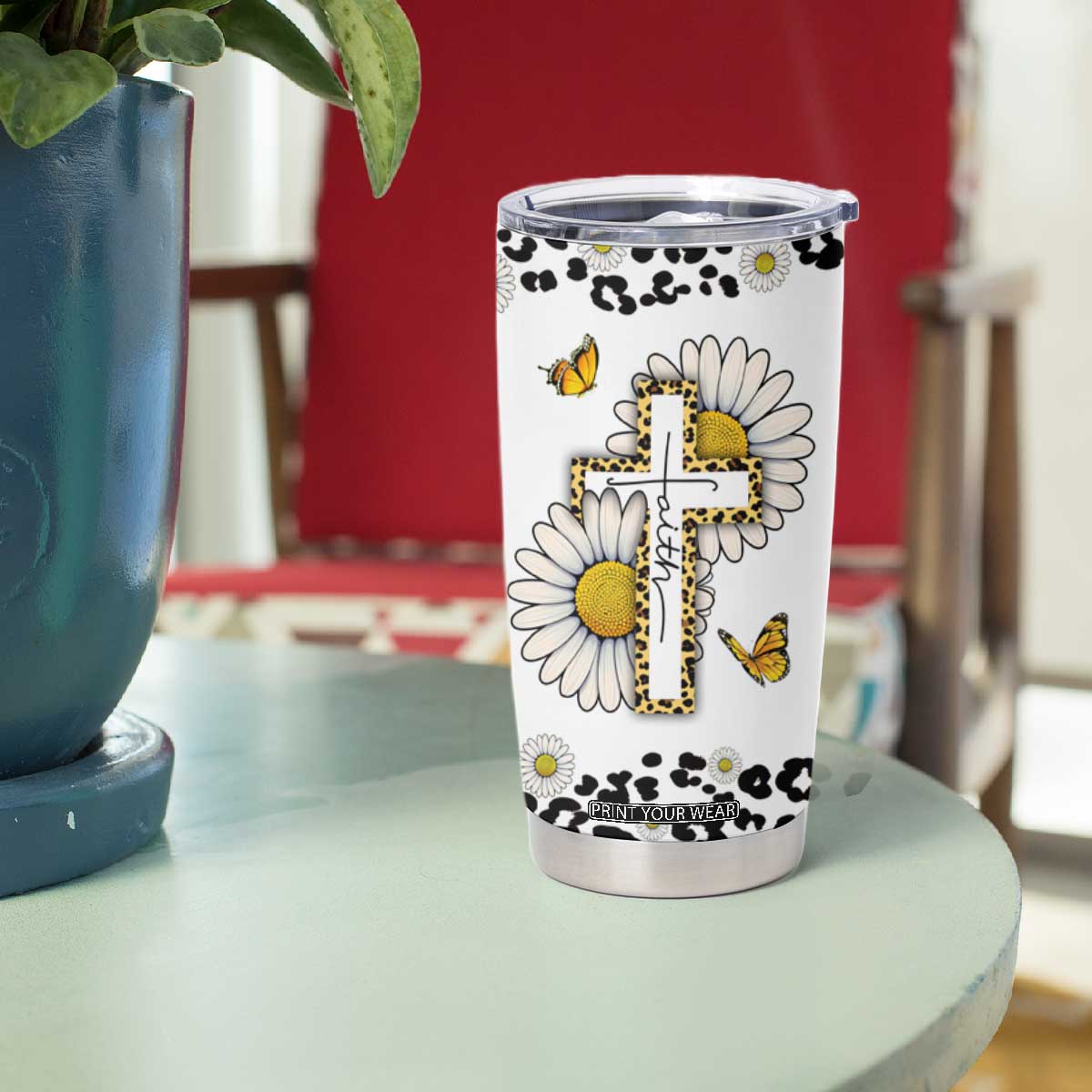 Christian Faith Daisy Leopard Tumbler Cup With God All Things Are Possible Inspirational Bible Verse Religious Gifts TB02