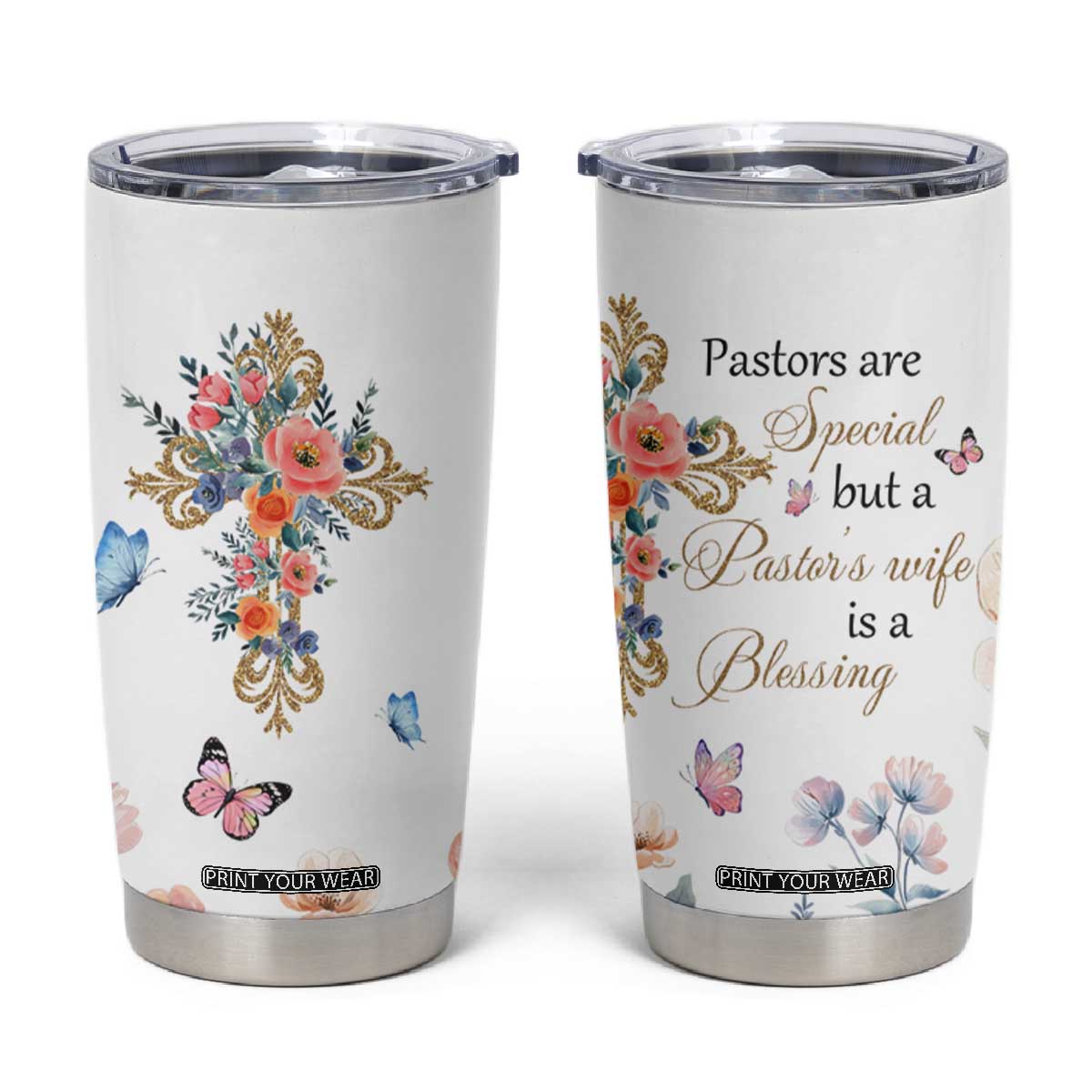 Blessed Pastors Wife Tumbler Cup Christian Botanical Floral Cross Religious Pastor Appreciation TB02