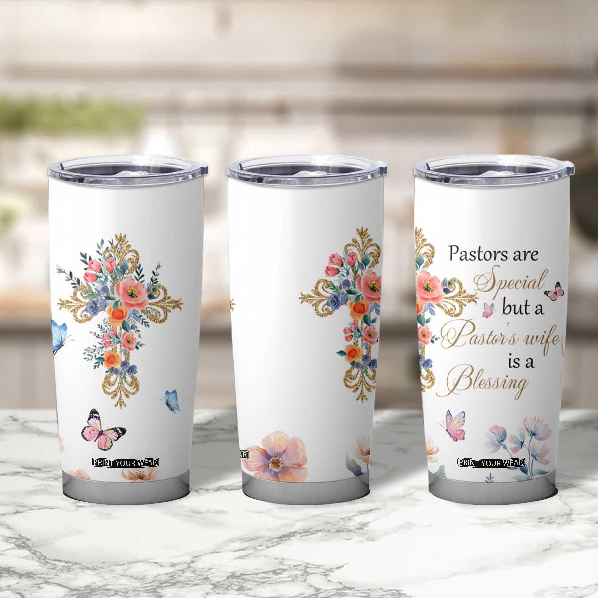 Blessed Pastors Wife Tumbler Cup Christian Botanical Floral Cross Religious Pastor Appreciation TB02