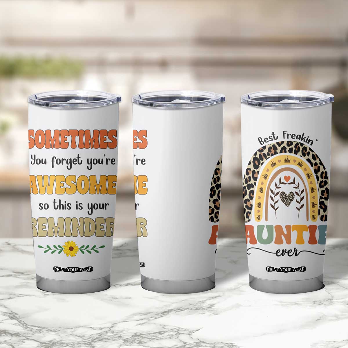 Best Freakin Auntie Ever Tumbler Cup Funny Aunt Reminder You're Awesome Leopard Rainbow TB02