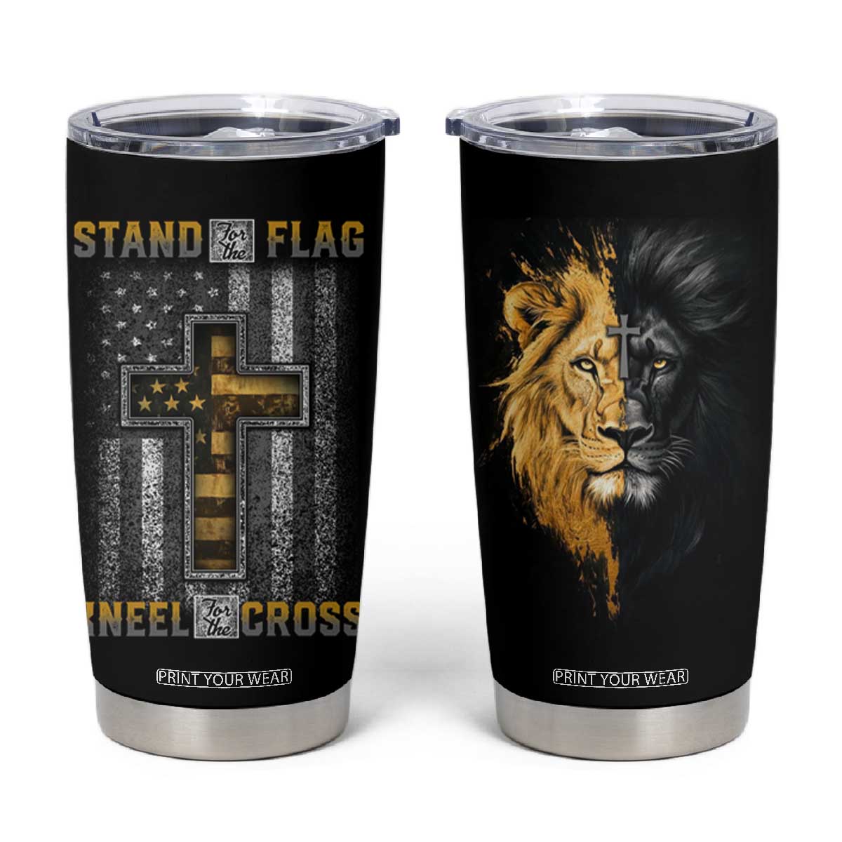 American Patriot Christian Tumbler Cup Stand For the Flag Kneel For the Cross Lion TB09