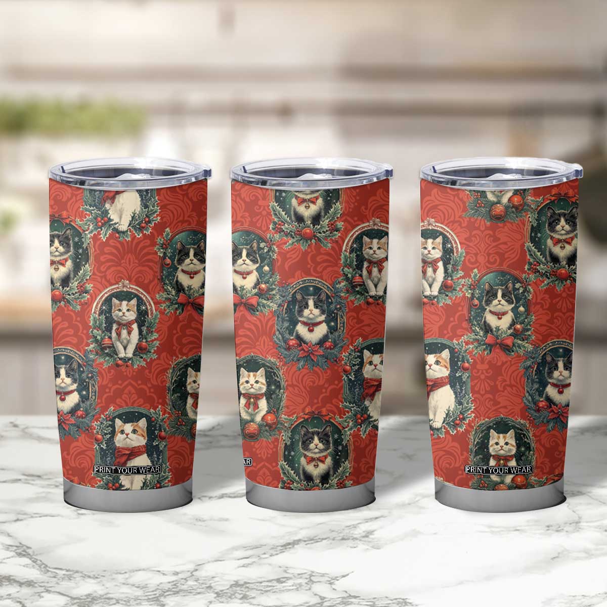 Christmas Cat Tumbler Cup Vintage Kitten Royal Victorian Holly Wreath TB09