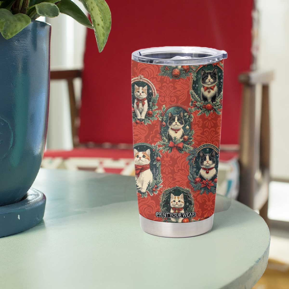 Christmas Cat Tumbler Cup Vintage Kitten Royal Victorian Holly Wreath TB09