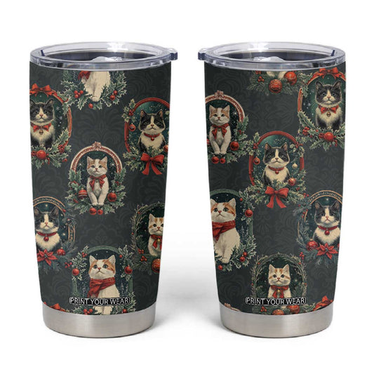 Christmas Cat Tumbler Cup Vintage Kitten Victorian Royal Holly Wreath TB09