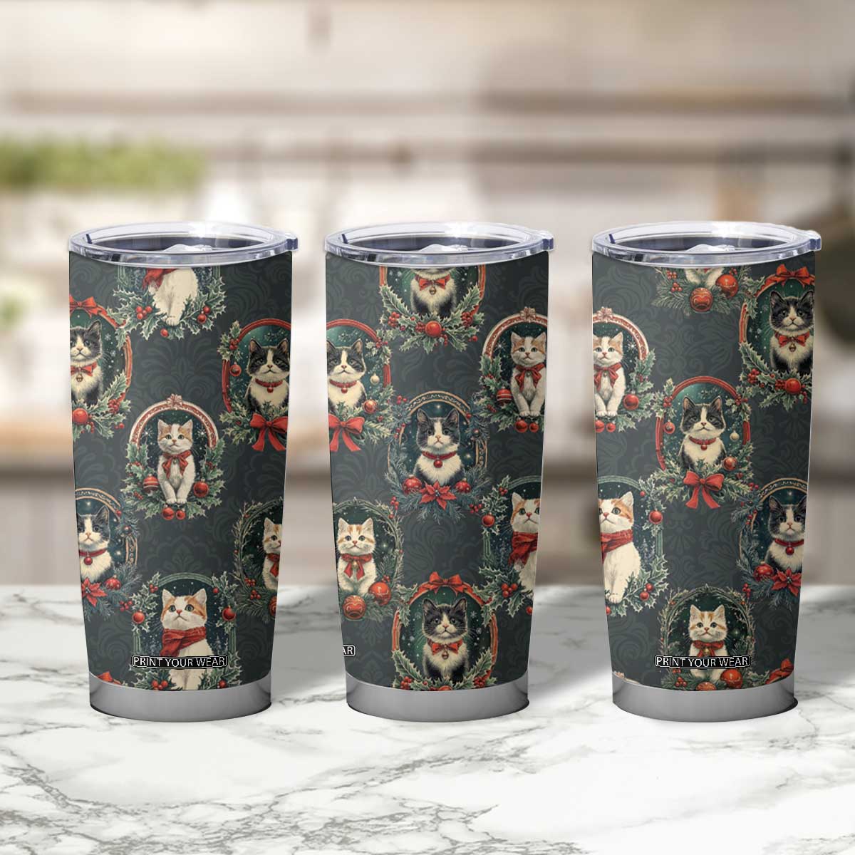 Christmas Cat Tumbler Cup Vintage Kitten Victorian Royal Holly Wreath TB09