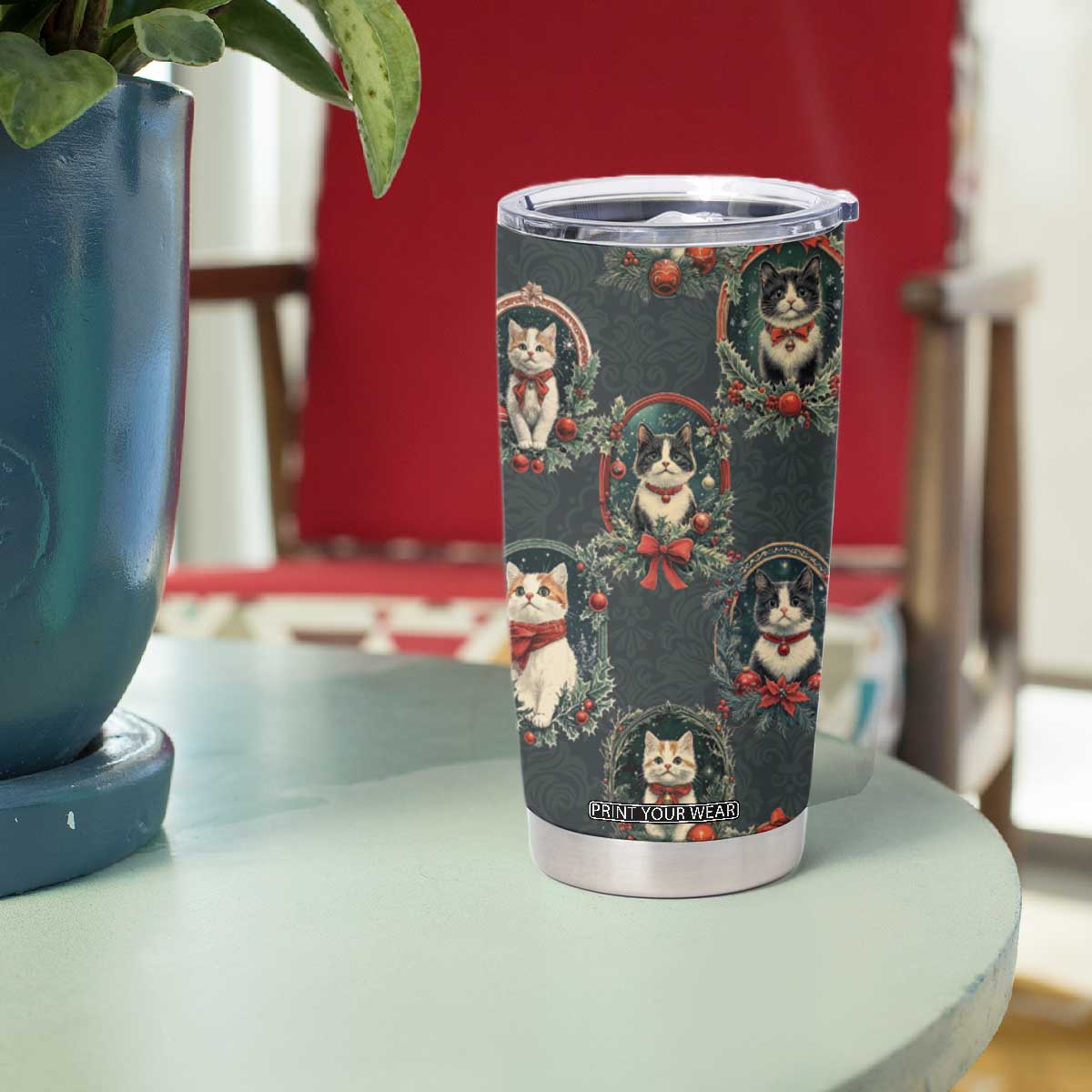 Christmas Cat Tumbler Cup Vintage Kitten Victorian Royal Holly Wreath TB09