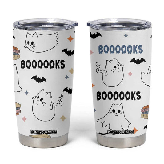 Cute Ghost Cat Reading Tumbler Cup Funny Reader Halloween Bookish Cat Mom Gift TB10