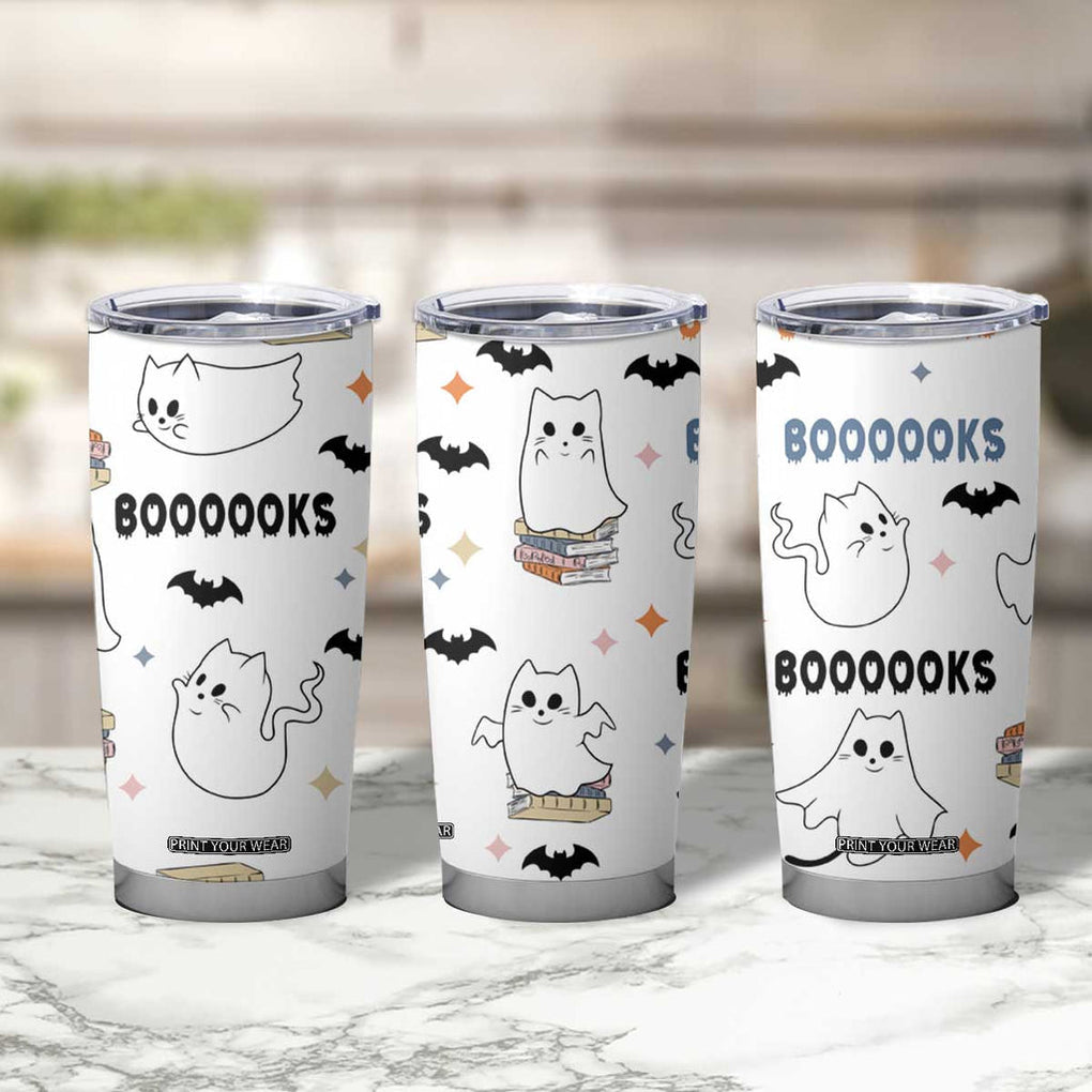 Cute Ghost Cat Reading Tumbler Cup Funny Reader Halloween Bookish Cat Mom Gift TB10